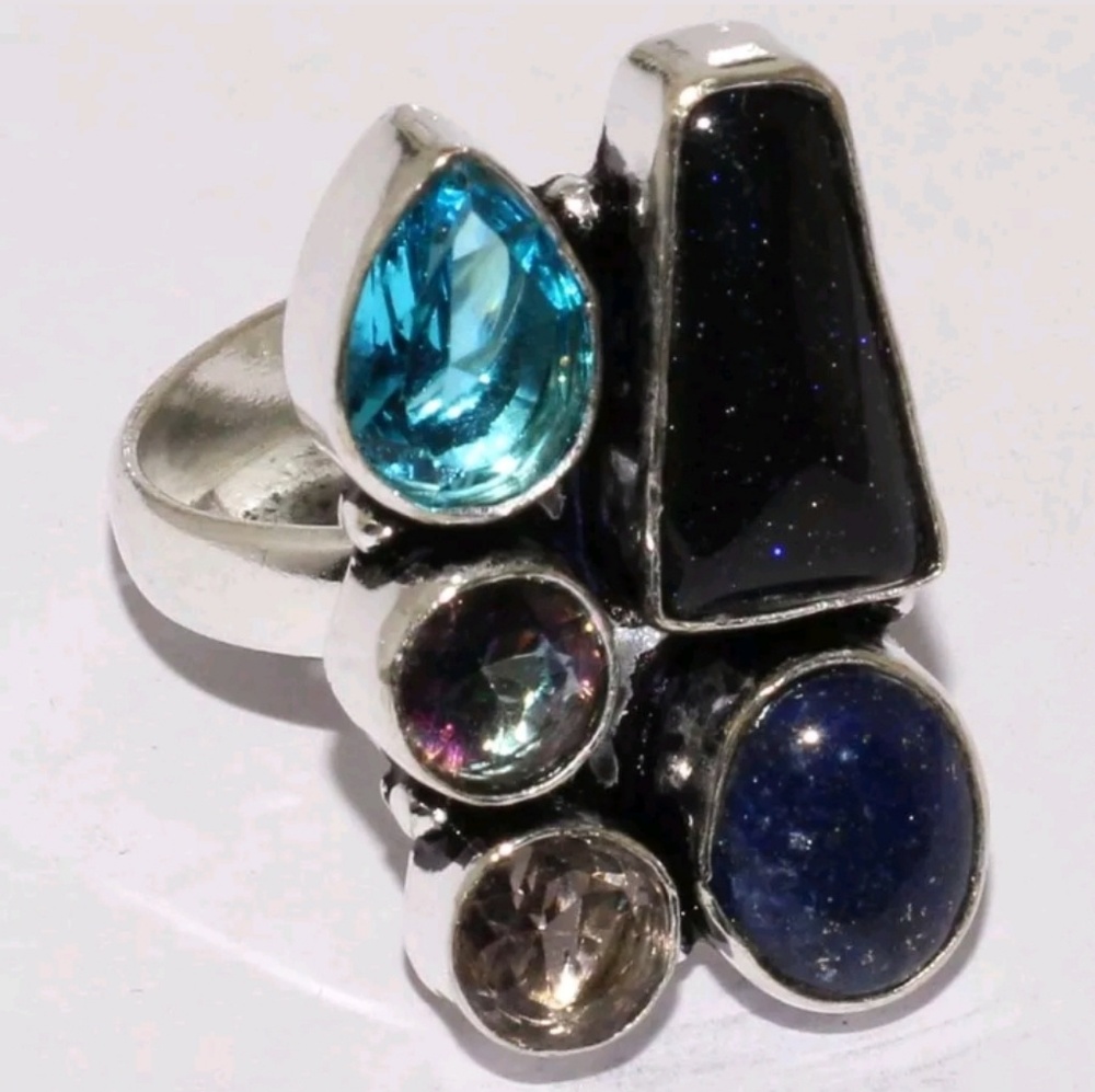 Sunstone, Blue Quartz, Mystic Topaz Silver Ring. 8